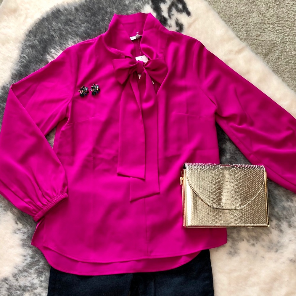 Fuchsia silk blouse with neck tie NWT